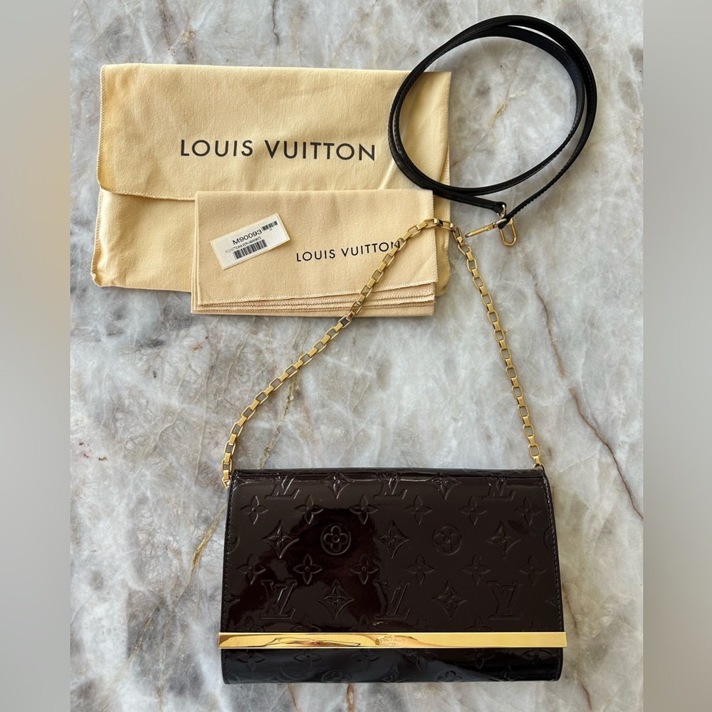 Louis Vuitton Amarante Monogram Vernis Ana Clutch Bag with Gold Chain Strap